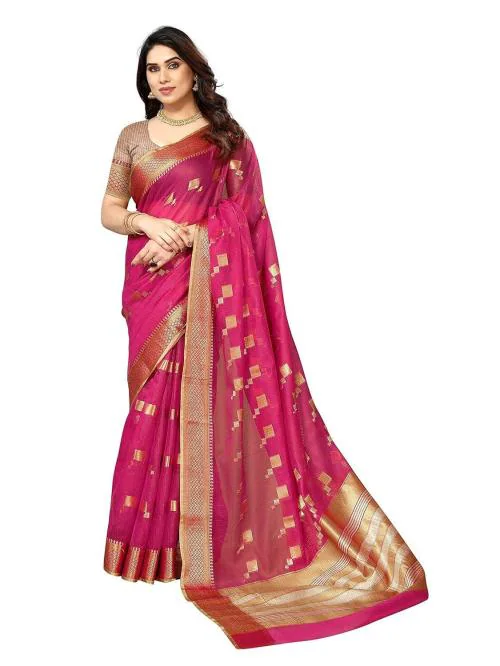 Sidhidata Women's Kota Doria Cotton Manipuri Jacquard Boarder Saree With Unstitched Blouse Piece (Box Butta) Rani