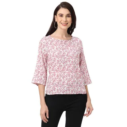 109F Tops for Women, Stylish Western Ladies Top with Casual Full Sleeves, Round Neck with Floral Prints, Regular Fit Fancy Women’s Top for Office, Party, Vacation, Trendy Summer Wear (Pink)