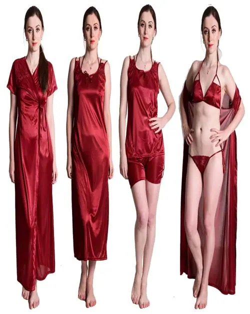 Women's Maroon Satin Nightwear Nightdress Nighty 6pc Set of Nighty, Wrap Gown, Top, Shorts, Bra & Thong Nighty Set