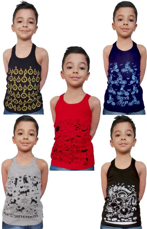 HAP 100% Cotton Boy Printed Rib Vest / pack of 5 /Innerwear Casual Wear Multicolor