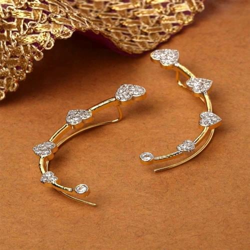 ZENEME Gold-Plated Brass Artificial Stones Studded White Ear Cuff for Women & Girls