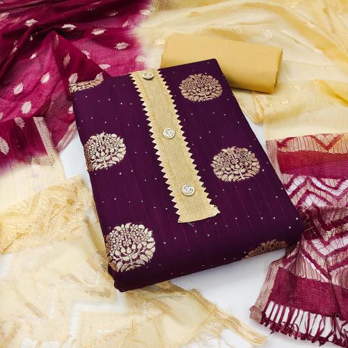 Panzora Banarasi Buta Sequin Top with Cotton Bottom and Saboori Print Dupatta Set Dress Material