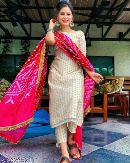 Women Kurti With Dupatta New Design Women Solid Kurti With Red Printed Dupatta ( Cream-Kurti-2XL )