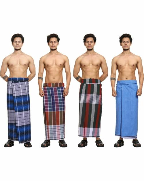 GOWRI TEX Men Multicolor Checkered Pure Cotton Stitched Lungi - Free Size (Pack of 4)