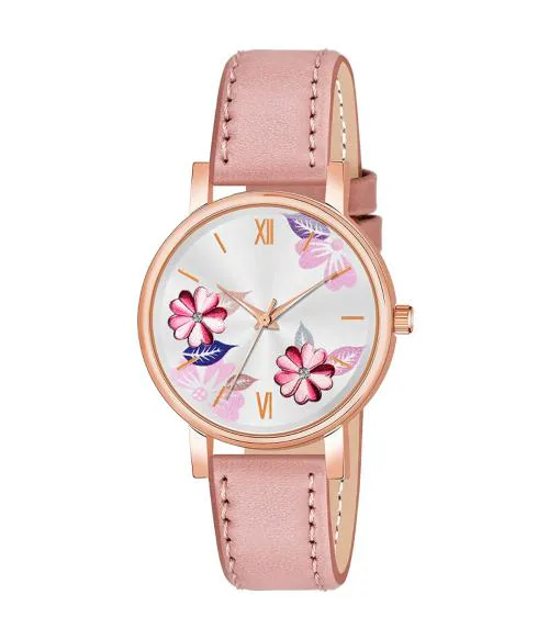 Goldenize Fashion Pink Multi Flower Dial Premium Leather Strap Analog Watch for Women and Girls