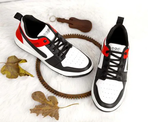 aadi Men's Black & Red Synthetic Leather Outdoor Casual Shoes