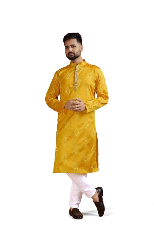 Zarkle Men Yellow Jacquard Silk Kurta And Pajama Set (M)