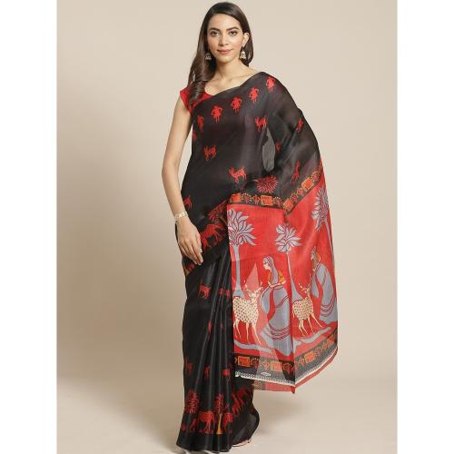 Grubstaker Black and Red Printed Saree