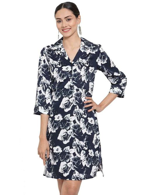 Tunic Nation Women Blue Poly Crepe Printed Dress (M)