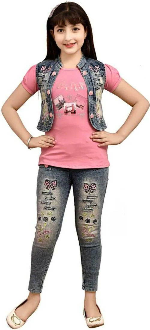 A.G FASHION Girls Pink Graphic Denim Blend Casual T-shirt,Jacket and Jeans Set 3-4 Years