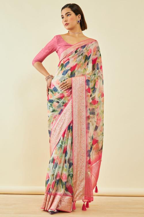 Soch Womens Pink Organza Floral Print Saree With Tassels