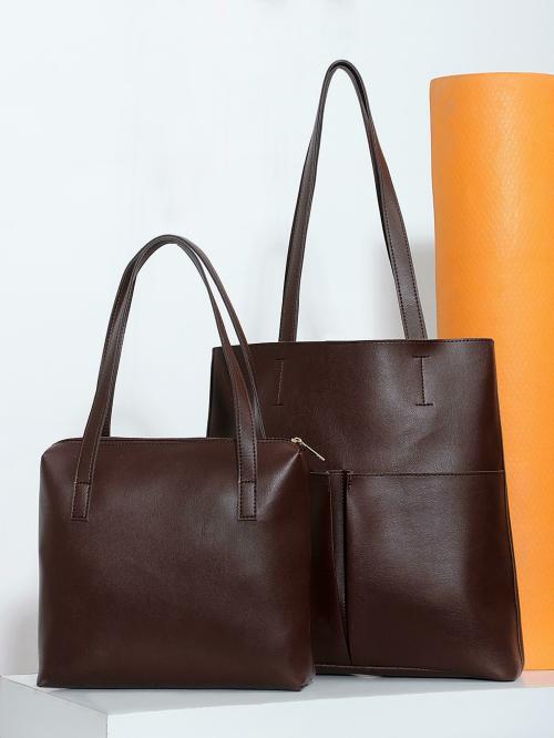 LEGAL BRIBE Brown Solid Polyurethane (PU) Tote Handbag for Women (Pack of 2)