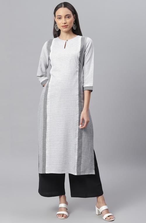 Janasya Women's White Cotton Straight Kurta with Palazzo