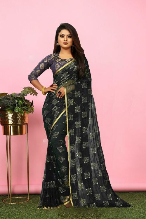 LADYMINT Women Black Printed Chiffon Women'S Sarees