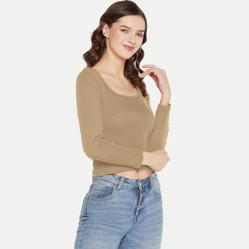 Rad Prix Women Blue Ribbed Front Cut Out Full Sleeve Top