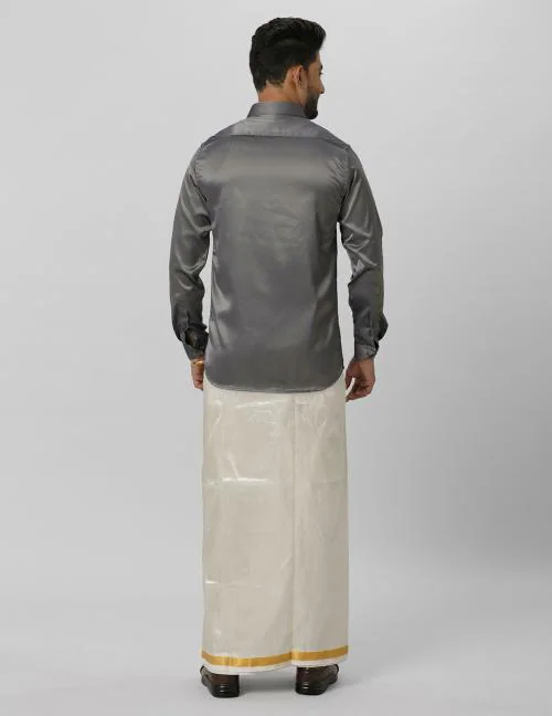 RAMRAJ Men Poly Cotton Grey Colour Shirt Full Sleeves With Double Dhoti