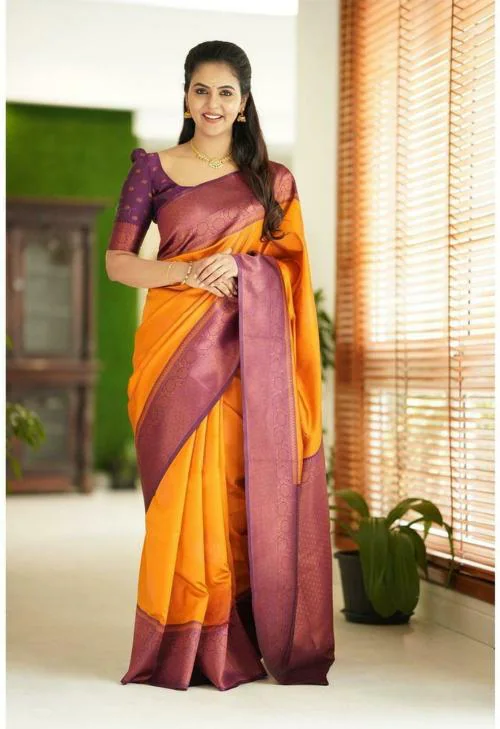 Prajval Women Orange, Purple Woven Jacquard and Pure Silk Kanjivaram Saree