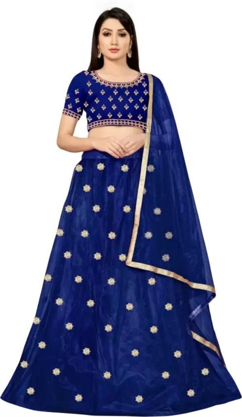 Vajiba Women Dark Blue Embroidered Satin Wedding Semi Stitched Lehenga Choli, Unstitched Blouse Piece