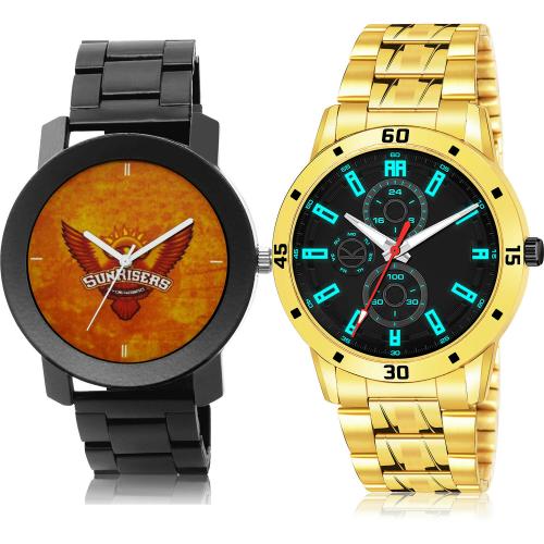 NIKOLA Brand New Heart Sunrisers Hyderabad (Srh) Ipl Chain And Gold Chain Black And Gold Colour Analog Metal And Stainless Steel Belt 2 Watch Combo For Boys And Men - IPL18-(63-S-21)