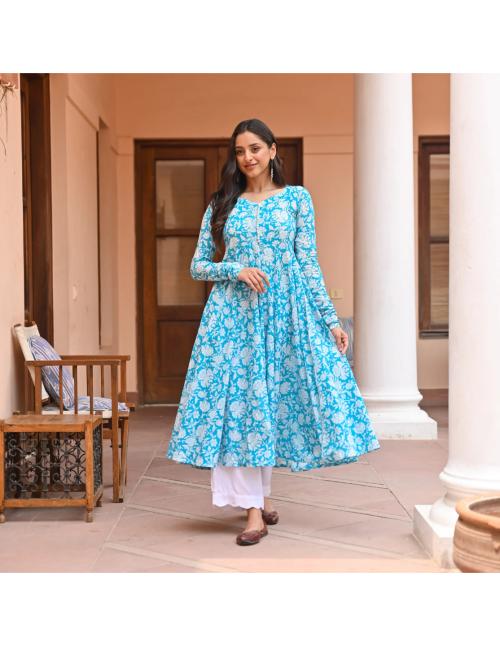 GoSriKi Women's Cotton Blend Blue Printed Anarkali Kurta