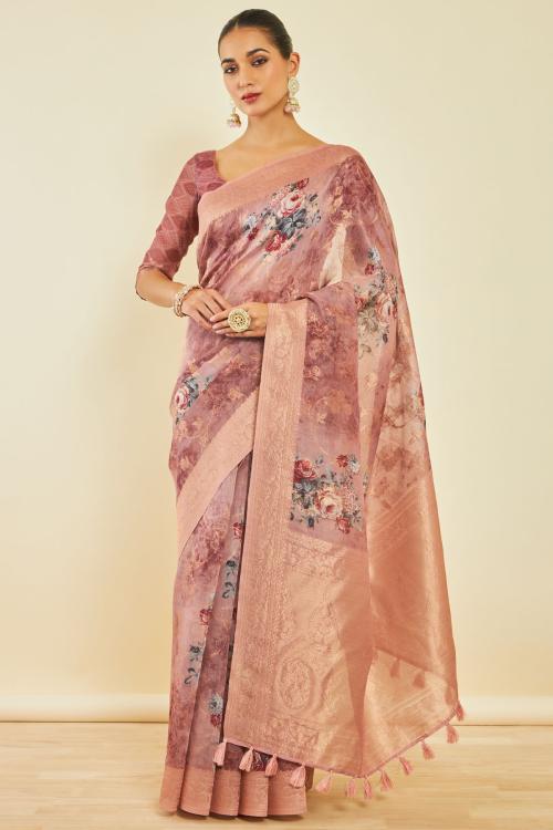Soch Onion Pink Tussar Silk Saree With Floral Print And Zari Woven Designs