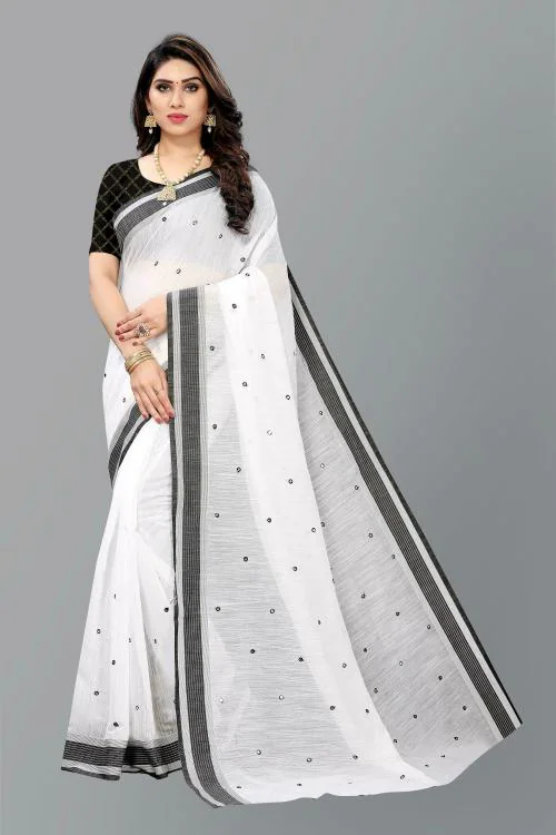 Buy sareya veela Madhubani Women White Embellished Cotton Linen Sarees