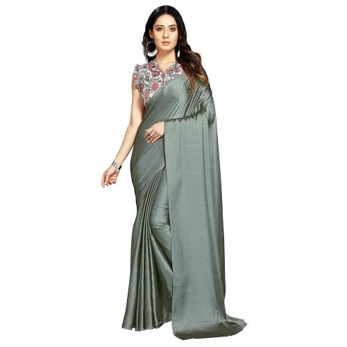 Anant Designer Studio Women Olive Green Plain Satin Silk Saree With Digital Printed Designer Blouse Piece