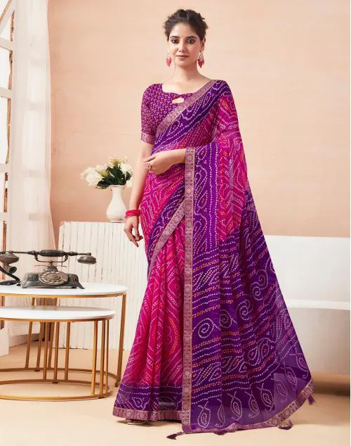 Siril Chiffon Magenta & Purple Color Saree with Blouse piece