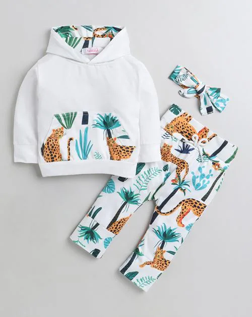 Hopscotch Baby Boys Cotton And Polyester Animal Print Hoodie and Pant Set In White Colour For Ages 3-6 Months (CDY-2660982)