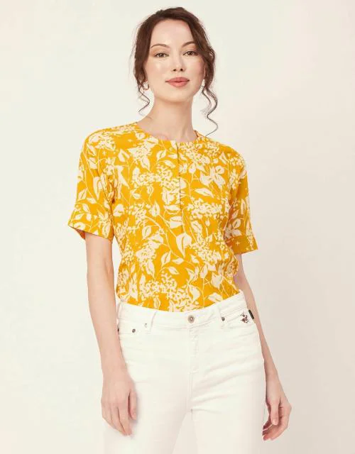 Moomaya Printed Viscose Summer Top For Women, Round Neck Short Sleeves Casual Top