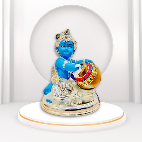 Trishty Pure 999 Silver Coated Lord Krishna Idol, Handcrafted Laddu Gopal Murti, Baby Krishna Statue For Home Decor.