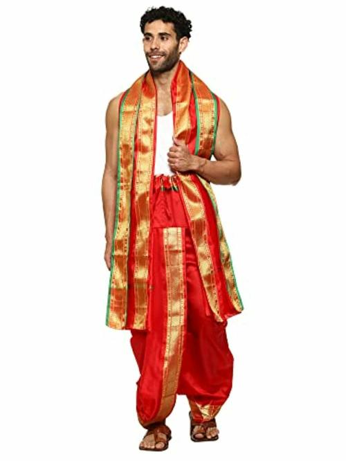 Rameshwaram Fabrics Men Red Art Silk Dhot with Angwastram Set