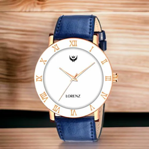 Lorenz Blue Leather Strap & White Roman Dial Analogue Watch for Men | MK-3091K