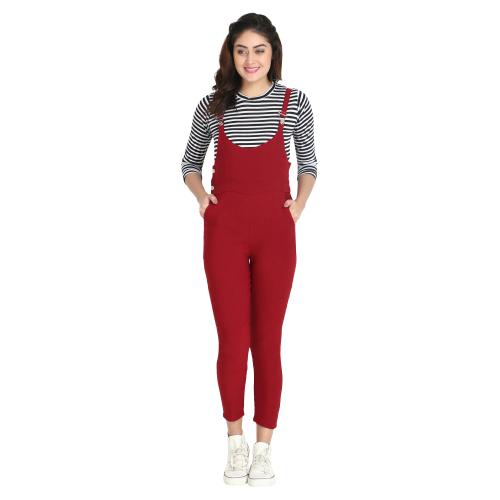 BuyNewTrend Women Maroon Cotton Lycra Dungaree Dress with Top