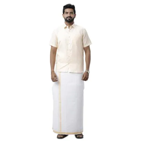 UATHAYAM Xpress Golden Yellow Cotton Rich Half Sleeve Solid Slim Fit Shirt & Dhoti Set for Men Pack of 1