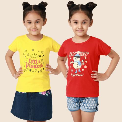 Little Zing Girls Multicolor Pure Cotton Graphic Print Pack Of 2 T Shirt| Girls tshirt| Kids Tshirt| Kids Wear| Tshirt for Girls| Baby Clothes| T shirt for Girls| Girl T-shirt