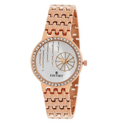 Escort Analog Silver Dial With Gold Strap Watch For Women (E 1950-7060 RGM.2)