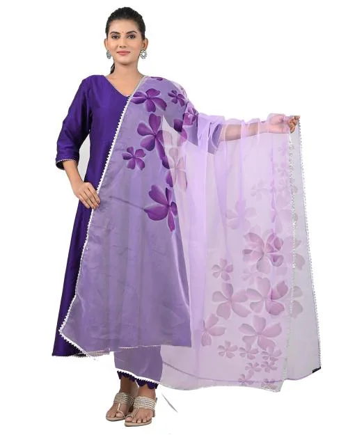 KARA ART HOUSE Women Purple Violet Floral Organza Floral Dupatta (2.5 Meter)