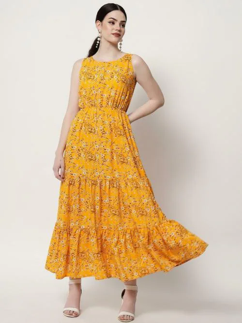 Vaani Creation Women Yellow Printed Crepe Gathered Dress (S)