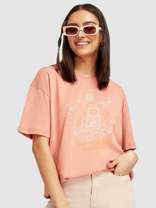 Bewakoof Women's Pink Graphic Print Round Neck Half Sleeve Oversized Fit T-Shirt