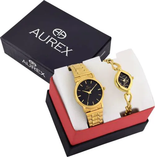 Aurex Analog Black Dial Gold Strap Watch For Couple - (Ax-1013B-L2455B)
