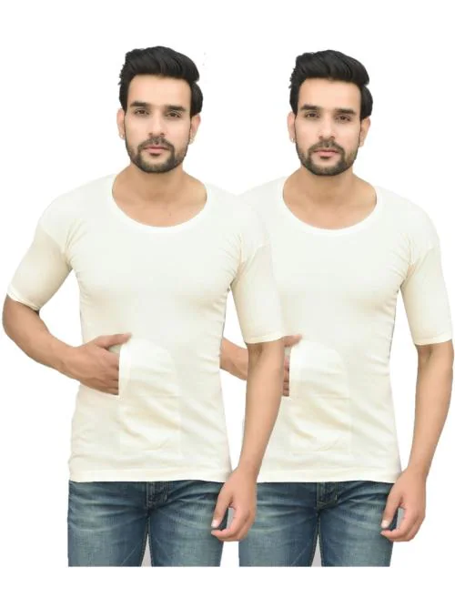 UNDERLOOP Interlock Grey/Off White/Cream Colour Pocket Vest/GANJI with Sleeves Pack of 2