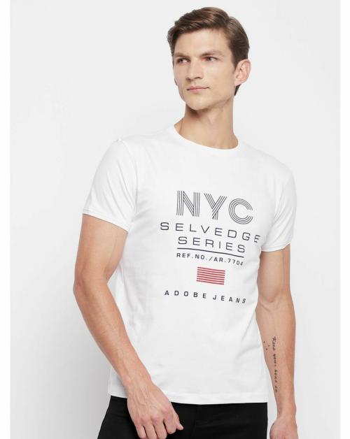 Adobe Men White Printed Polyester Cotton Round Neck tshirt