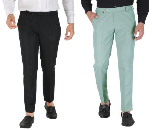 CLARE&CLARA COMBO OF TWO BLACK AND OLIVE GREEN SLIM FIT REGULAR FORMAL TROUSERS.