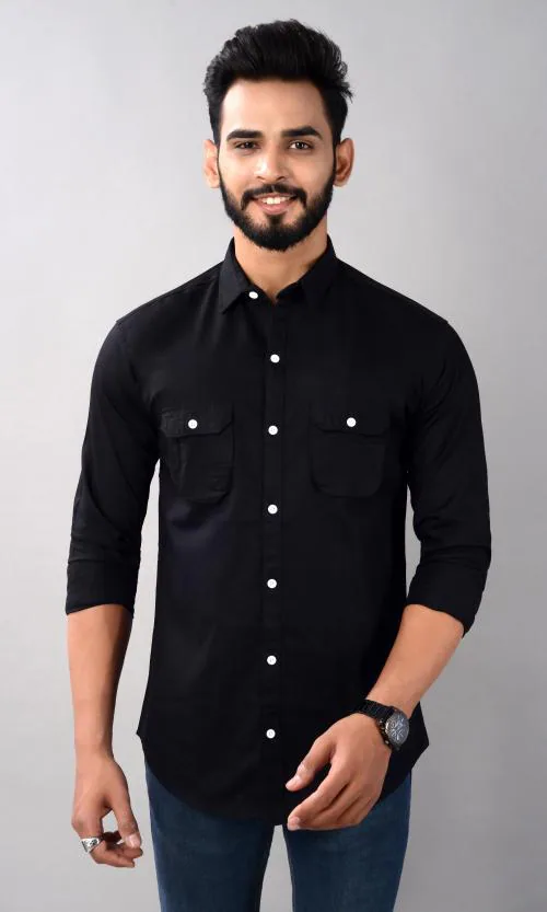 VILLAIN Men's Full Sleeve Cargo Shirt with Double Pocket - Black
