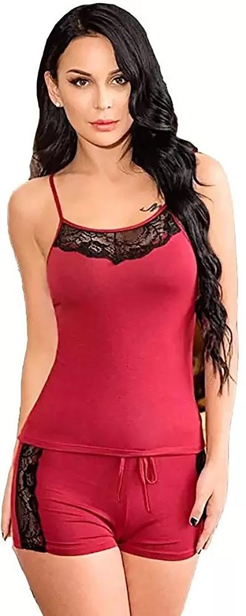 In-Curve Women Net Lace Self-Design Baby Doll Nighties Maroon