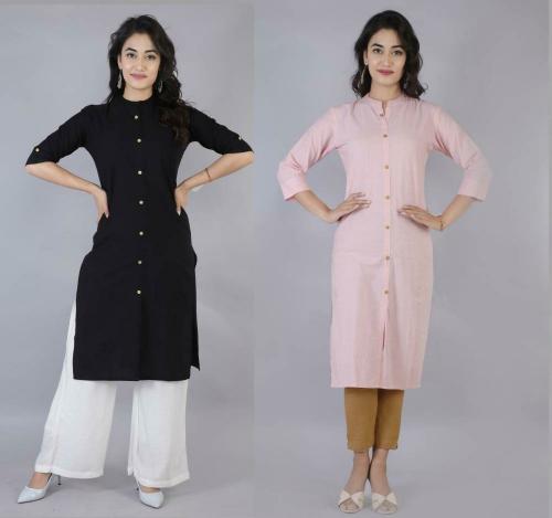 M Lala Fashion Women Black and Light Pink Solid Pure Cotton Straight Kurta - XL (Pack of 2)