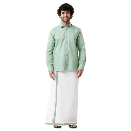 UATHAYAM Varna Summer Green Cotton Slim Fit Solid Full Sleeve Shirt and Dhoti Set Combo