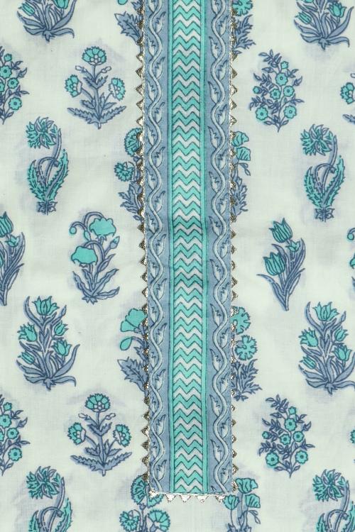 Kishori Women's Printed and Gota Work Cotton Unstitched Salwar Suit Dress Material 3 Piece Set (Light Blue)