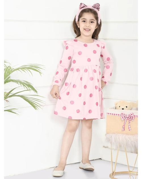 Lilpicks Polka Print Pink Full Sleeves Girls Dress